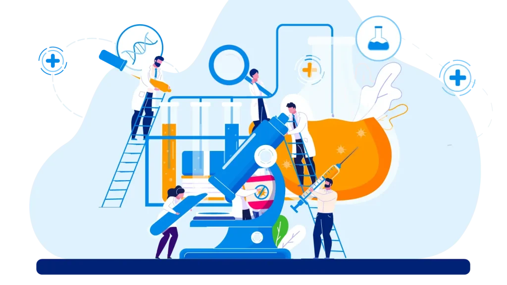 Illustration of people engaged in various activities related to STEM