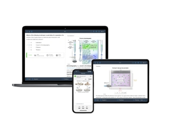 Visual of the AP Chem question bank showing exam-level questions & detailed explanations on laptop, tablet, and mobile phone.