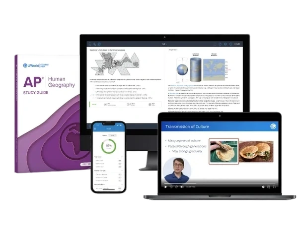 Visual of the AP Human Geography prep course product suite showing streamlined study materials designed for fast success.