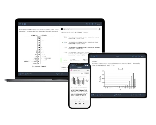 Visual of AP Statistics question bank displaying exam-level questions & detailed explanations on laptop, tablet, and mobile phone.