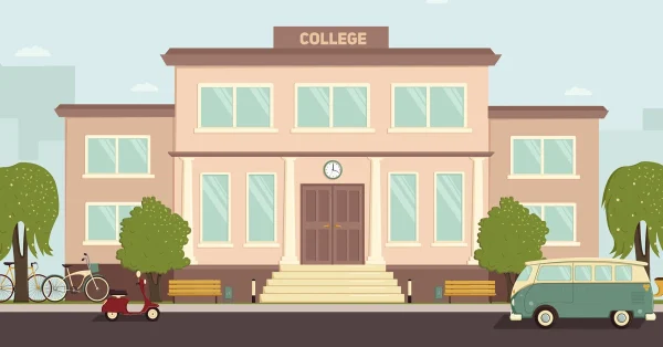 Illustration of a college building with a central staircase, double doors, and a "COLLEGE" sign above. The building is surrounded by trees, benches, a red scooter, parked bicycles, and a vintage green van, evoking a welcoming campus environment.
