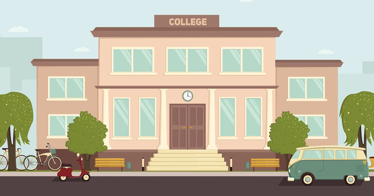 Illustration of a college building with a central staircase, double doors, and a "COLLEGE" sign above. The building is surrounded by trees, benches, a red scooter, parked bicycles, and a vintage green van, evoking a welcoming campus environment.