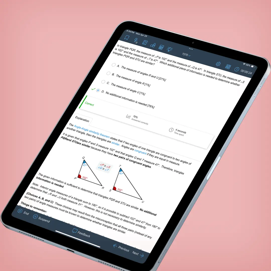 UWorld ACT Sample Question in Tablet device