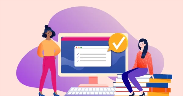 Two illustrated high school students—one standing and one sitting on a stack of books—review a checklist displayed on a computer screen, symbolizing college planning and goal-oriented college list building.