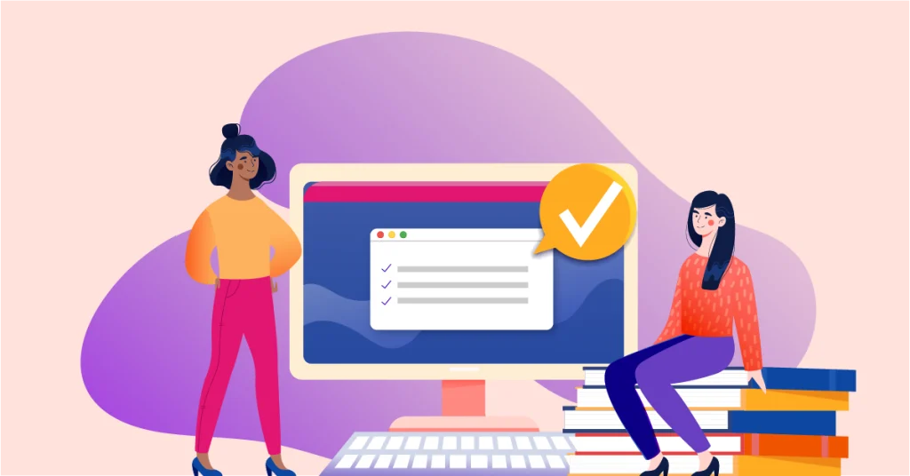 Two illustrated high school students—one standing and one sitting on a stack of books—review a checklist displayed on a computer screen, symbolizing college planning and goal-oriented college list building.