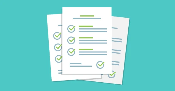 Illustration of three stacked documents featuring checklist items, each marked with green and blue checkmarks, on a teal background.