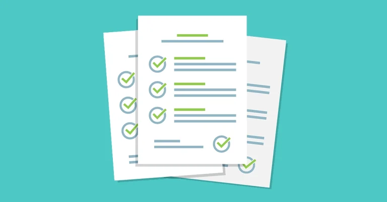 Illustration of three stacked documents featuring checklist items, each marked with green and blue checkmarks, on a teal background.