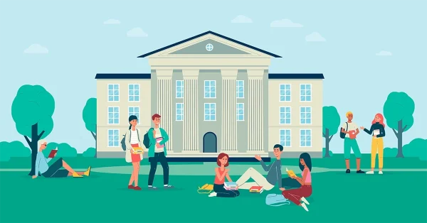 Illustration of diverse high school students on a college campus, representing choosing reach, match, and safety schools.
