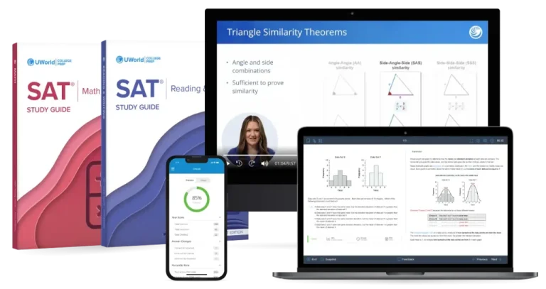 UWorld SAT prep course dashboard showing personalized reports and progress tracking tools, practice questions, video lessons, and prep books.