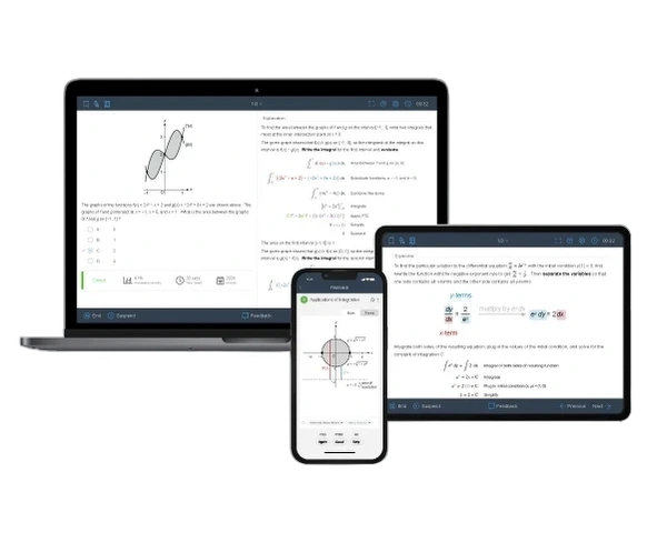 Visual of AP Calc AB question bank showing exam-level questions & illustrated explanations on laptop, tablet, and mobile phone.