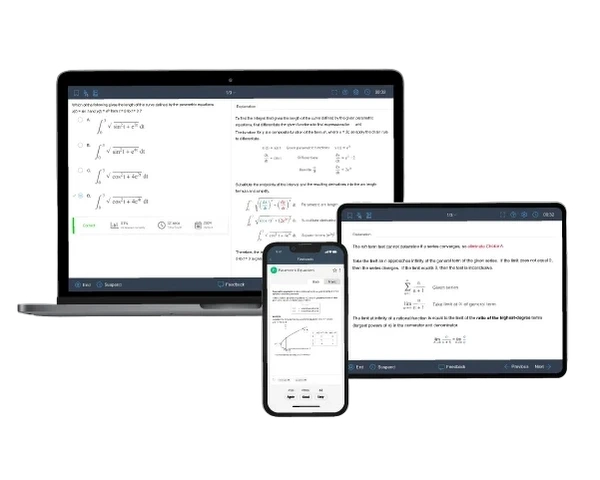 Visual of AP Cal BC question bank featuring exam-level questions & detailed explanations on laptop, tablet, and mobile phone.