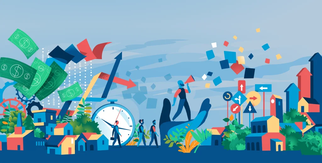 Abstract illustration of interconnected societal elements and economic systems, symbolizing key AP Macroeconomics concepts like supply and demand, inflation, and GDP—ideal for students previewing the course over summer.