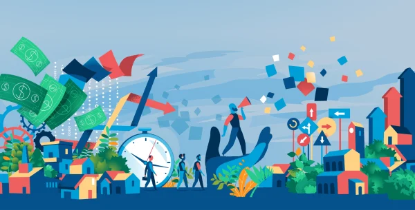 Abstract illustration of interconnected societal elements and economic systems, symbolizing key AP Macroeconomics concepts like supply and demand, inflation, and GDP—ideal for students previewing the course over summer.