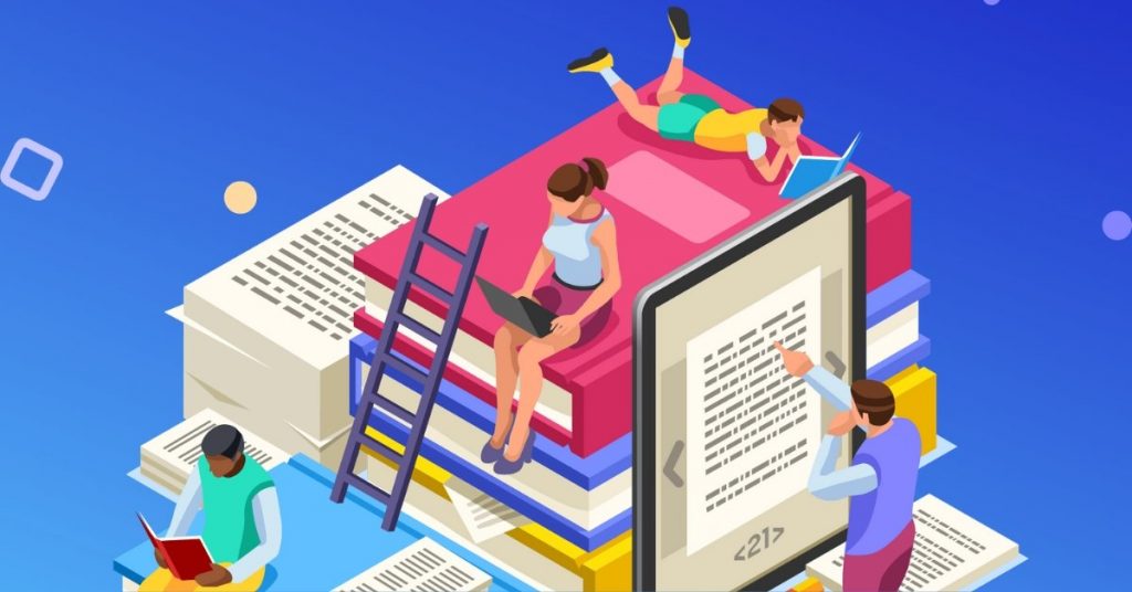 Illustration of high school students studying for the SAT and ACT using digital and print prep tools.