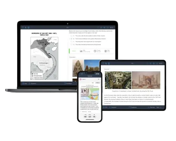 Visual of AP World History question bank displaying exam-level questions & illustrated explanations on laptop, tablet, and mobile phone.