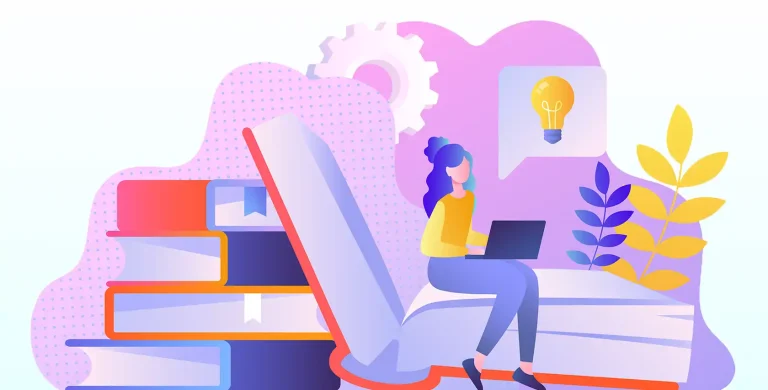 Illustration of teen girl with laptop sitting on books in preparation for the SAT Reading & Writing Test