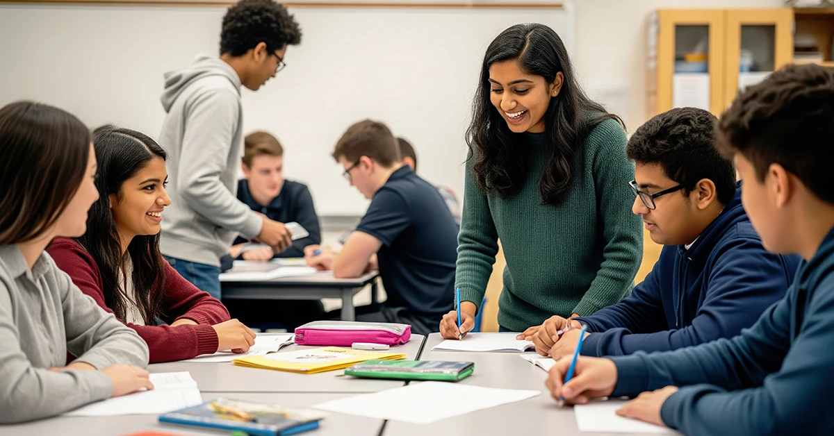 Group of high school students working together in a classroom, with one student leading a discussion while others take notes and collaborate.