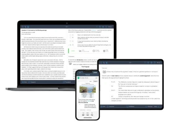Visual of AP English Language question bank showing exam-level questions & in-depth explanations on laptop, tablet, & mobile phone.