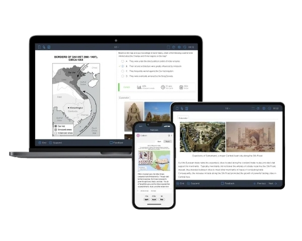 Visual of AP World History question bank displaying exam-level questions & illustrated explanations on laptop, tablet, and mobile phone.