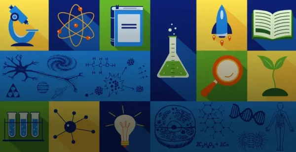 ACT Science related icons on color block background.