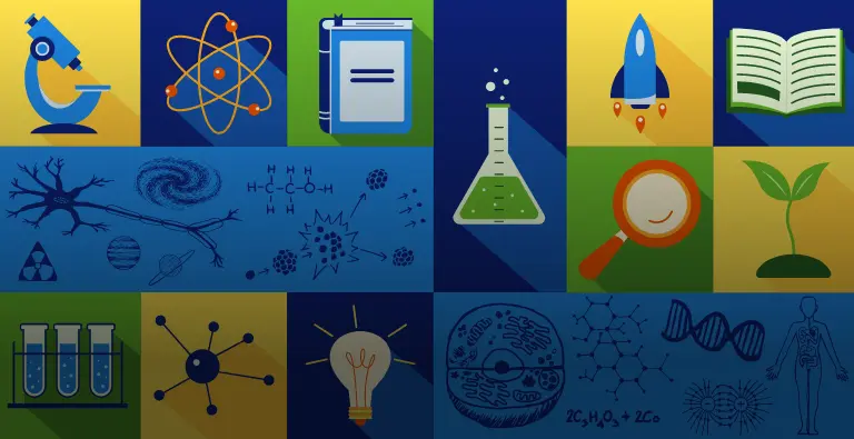 ACT Science related icons on color block background.