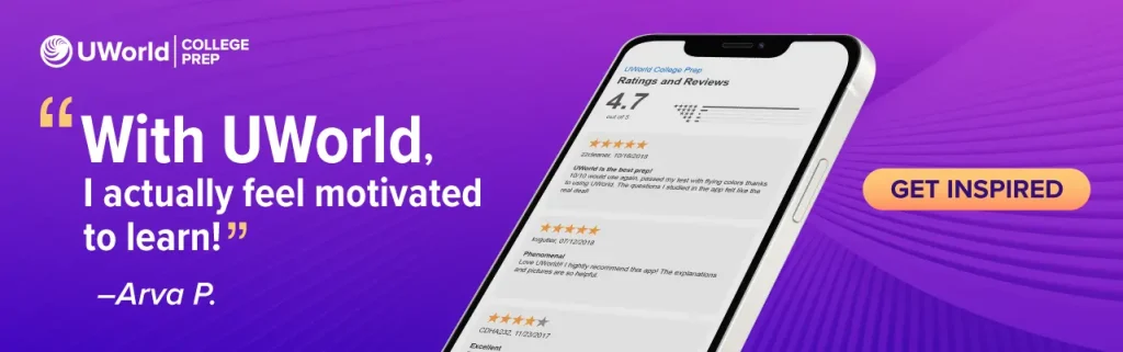 Student quote saying "With UWorld, I actually feel motivated to learn!". Sign up to practice today!