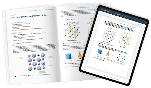 Open AP prep book and digital tablet showing colorful diagrams and explanations of chemistry concepts.