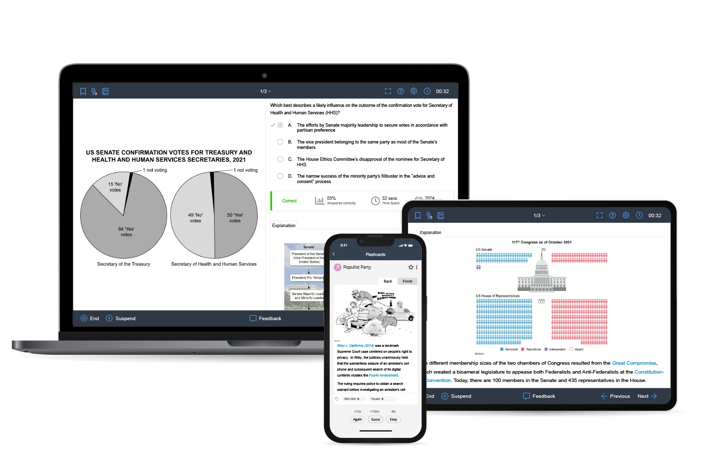 AP U.S. Gov Practice Question Bank shown on multiple devices