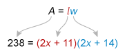 Image ID: L116224; Click here to see more information Area equation setup: 238 = (2x + 11)(2x + 14)
