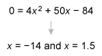 Image ID: L116225; Click here to see more information Solving the quadratic equation 4x² + 50x − 84 = 0 using the quadratic formula