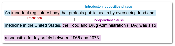 Image ID: L129979; Click here to see more information SAT Writing question with introductory appositive 'an important regulatory body' and answer choices