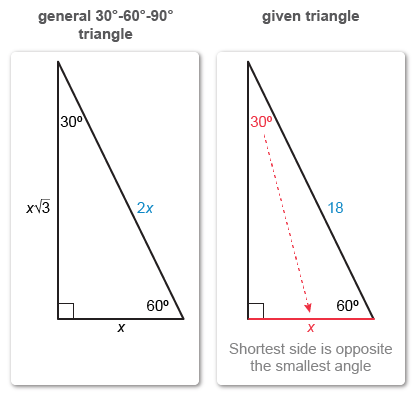 Image ID: L31327; Click here to see more information 30-60-90 triangle with sides labeled x, x√3, 2x and hypotenuse 18