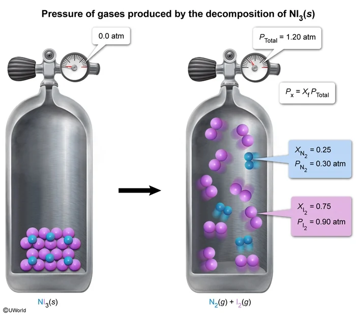 Pressure of gases produced by the decomposition