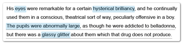 Image ID: L95146; Click here to see more information SAT Reading passage with underlined sentence describing Paul's eyes in detail