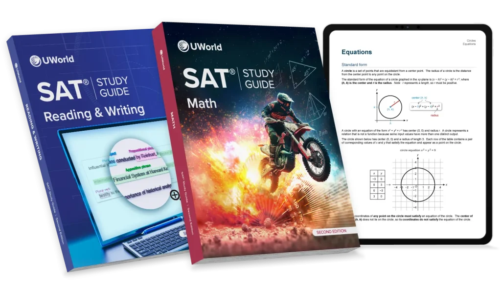 Cover of the SAT study guide by UWorld, available in digital and print formats.