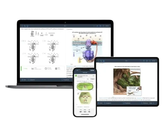 Visual of AP Bio question bank displaying exam-level questions & illustrated explanations on laptop, tablet, & mobile phone.